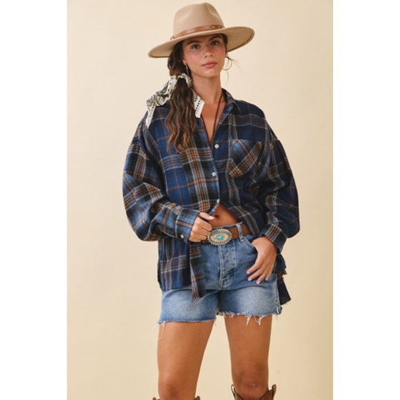 Navy Blue Kambrie Button Down Plaid Patchwork Flannel Casual Shirt - Picture 3 of 10